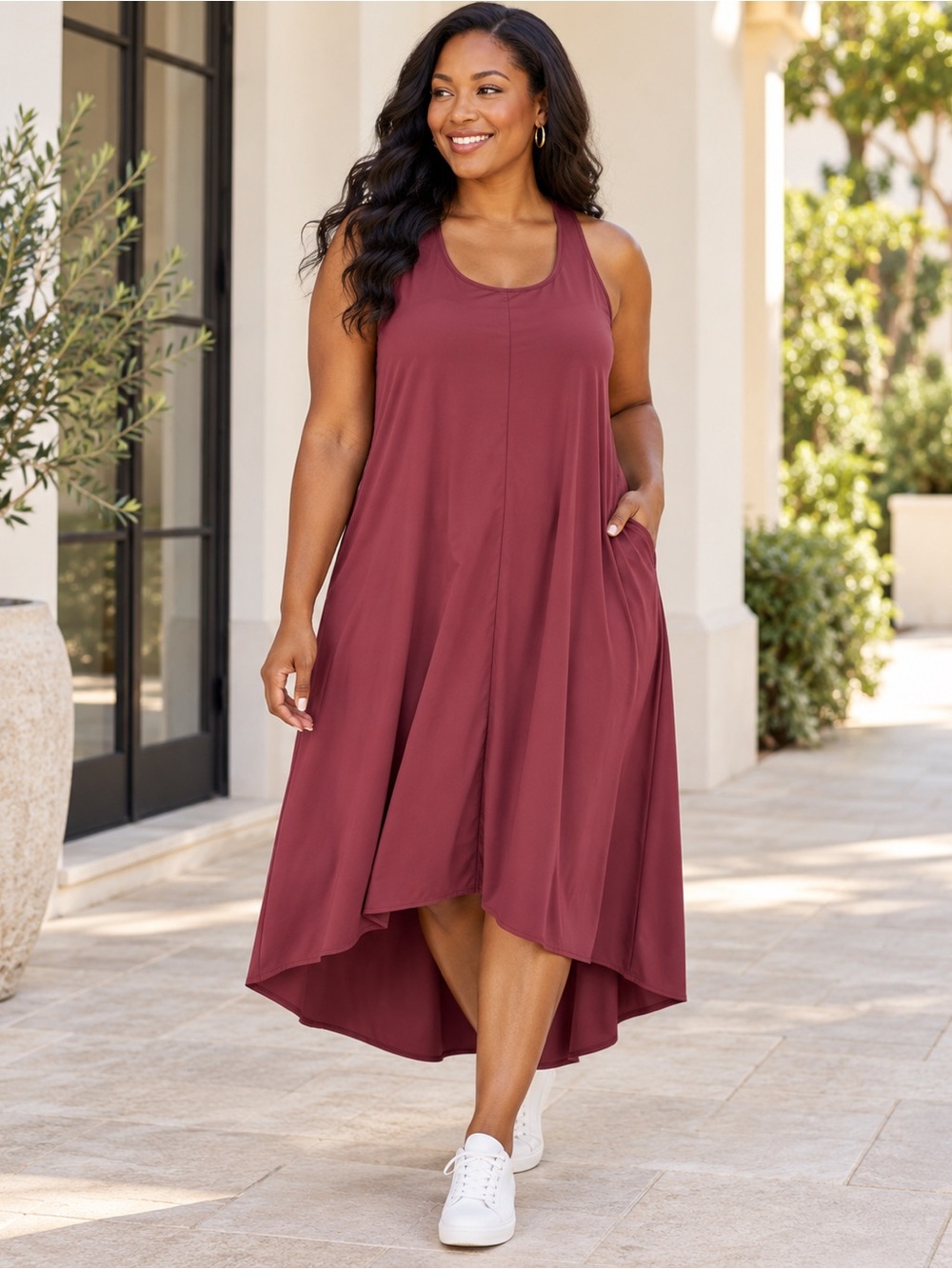 Halara Breezeful RacerPocket High Low Midi Dress Large Burgundy Bra Pockets